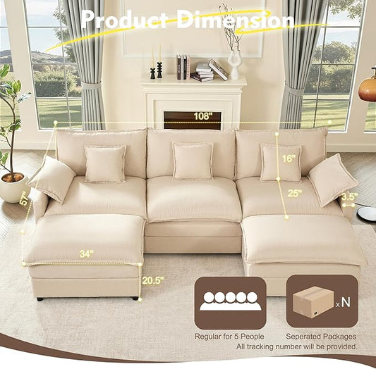 GOSUHI 108" U-Shaped Modular Cloud Couch, Deep Seat, Linen Beige | Cloud Comfort, Couches for Living Room, Removable & Machine-Washable Covers, Movable Ottoman, Modular Sectional Sofa