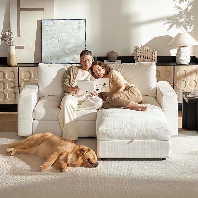 Cloud Couch Sectional 81.1'' Oversized Modular Deep Seat Sofa L Shaped Comfy White Cloud Couch with Washable Cover for Living Room Loveseat with Ottoman