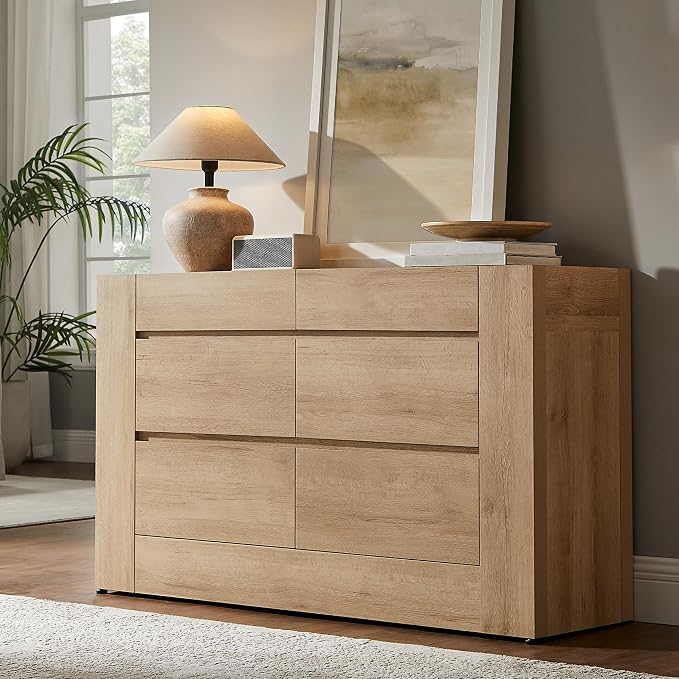 OKD 6 Drawer Dresser for Bedroom, 54" Wide Chest of Drawers with Thick Wood Design, Handleless, Modern Bedroom Dresser, Storage Organizer for Living Room/Entryway/Hallway, Natural Oak
