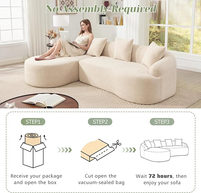 99" Curved Sofa with L-Shape Chaise,Modern Cloud Curved Couch with Deep Seat,No Assembly Required,Upholstered Oversized Couches for Living Room,Apartment (Beige, 99Inch)