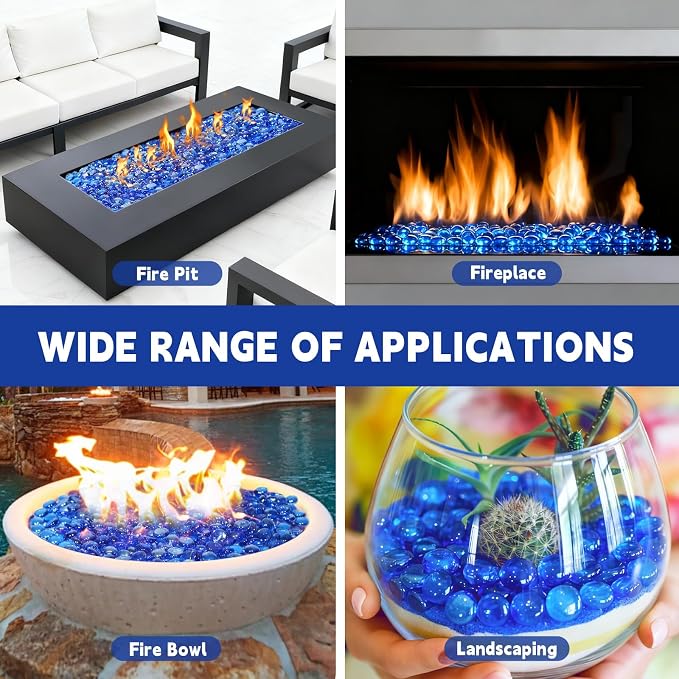 10 Pounds Fire Glass Beads,3/4 Inch High Luster Round Fire Glass for Gas Fireplace, Fire Pit Table,Landscaping, Caribbean Blue