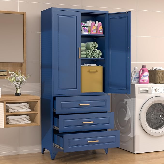 75" Metal Pantry Storage Cabinet with 3 Drawers, Blue | Sturdy SPCC Steel, Gold Handles, Adjustable Shelves,Anti-Tipping Kit, Leveling Feet, Easy Assembly for Kitchen Pantry