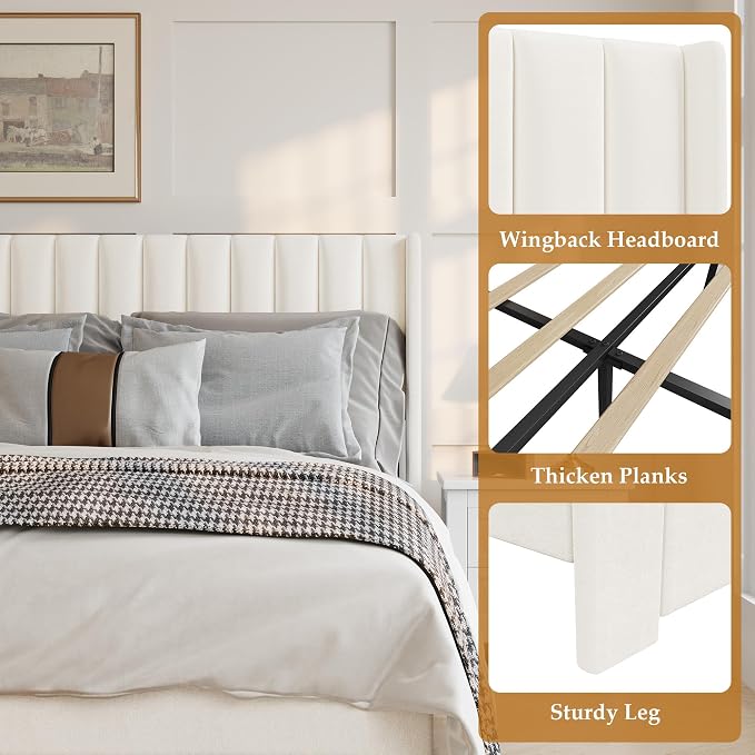 IDEALHOUSE Queen Bed Frame with Wingback Headboard, Velvet Upholstered Platform Bed with 2 Storage Drawers, Vertical Tufted Headboard Design, Wooden Slats Support, No Box Spring Needed, Beige