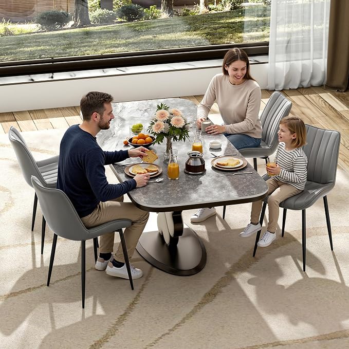 VECELO Dining Chairs Set of 4, Vegan Leather Fabric & Metal Frame, Mordern Style for Kitchen, Living Room,Offcie,Light Grey