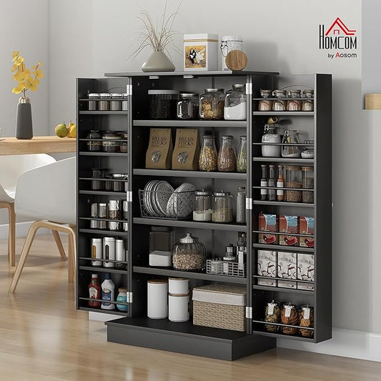 HOMCOM 41" Kitchen Pantry Storage Cabinet, Freestanding Kitchen Cabinet with 12 Door Shelves, Double Doors, 5-Tier Shelving and Adjustable Shelves, Black