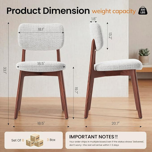 COLAMY Dining Chairs Set of 6, Modern Upholstered Kitchen Room Chairs with Solid Red Oak Wood Legs, 5-Min Easy Assembly Anti-Wobble, High-Weight Fabric Farmhouse Side Chair, 300lbs,Walnut,Beige