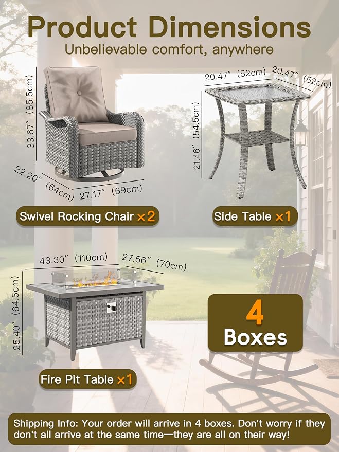7-Piece Outdoor Conversation Set with 43" Fire Pit Table, 4 Swivel Rocking Chairs (4" Cushions) & 2 Side Tables, All-Weather PE Rattan & Steel Frame for Porch, Deck, Backyard, Beige