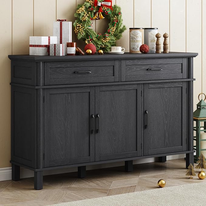ONBRILL 55 Inch Buffet Cabinet with Storage, Farmhouse Sideboard Buffet w/2 Drawers and 3 Doors, Wood Coffee Bar Cabinet with Adjustable Shelves, Sideboard Storage for Kitchen, Living Room, Black