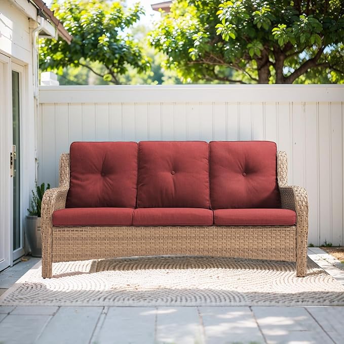 Outdoor Wicker Couch-Outdoor Couch All Weather PE Wicker Patio Sofa Outdoor Sofa Deep Seating for Porch Deck Backyard-Yellow/Red