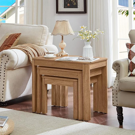 Joaxswe Farmhouse Nesting Tables Set of 3, Living Room Table Set with Rounded Corners & 4 Thickened Table Legs & Stacking Capability, Dark Wood