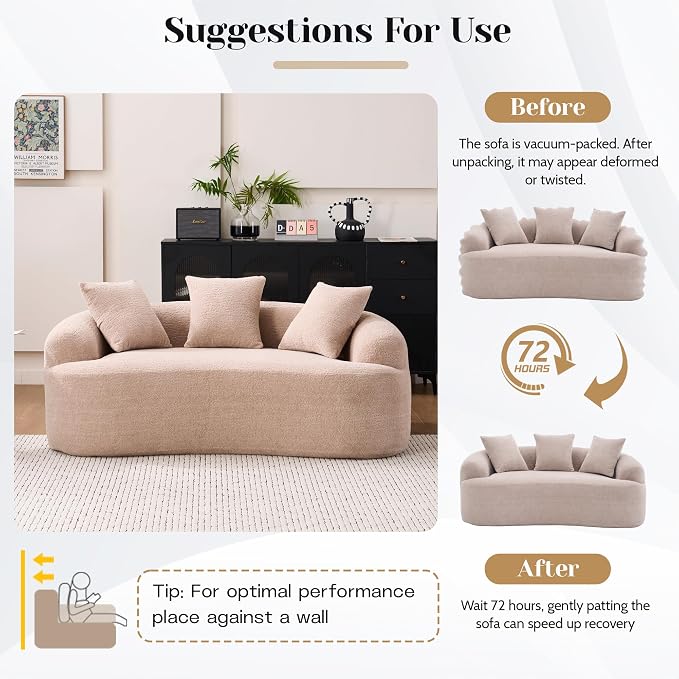 65" Curved Loveseat for Small Spaces,Boneless Loveseat Sofa,Wood Grain Chenille Fabric, No Installation Requirement, Curved Sofa Couch for Apartment,Living Room,Office (Apricot, 65")