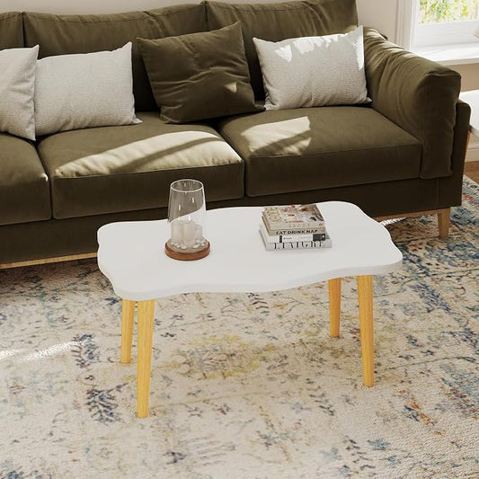 Cookie Coffee Table Low Table with 4 Solid Wood Sturdy Legs,Floor Table Desk for Sitting on The Floor,19.7"D x 31.5"W x 16"H Inches,Living Room/Toy room Furniture,Rental house Furniture(White)