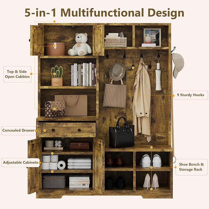 Einhomn 5-in-1 Hall Tree with Bench and Shoe Storage, 51" W Entryway Organizer Coat Rack with 9 Hooks, 4 Storage Cabinets, Drawer, Open Cubbies for Mudroom, Hallway, Living Room, Rustic Brown
