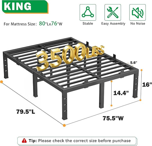 16 Inch King Size Bed Frames, Heavy Duty Metal King Platform 3500 lbs Capacity, No Box Spring Needed, 6 Mattress Slide Stopper, Headboard Holes, Noise-Free, Easy Assembly