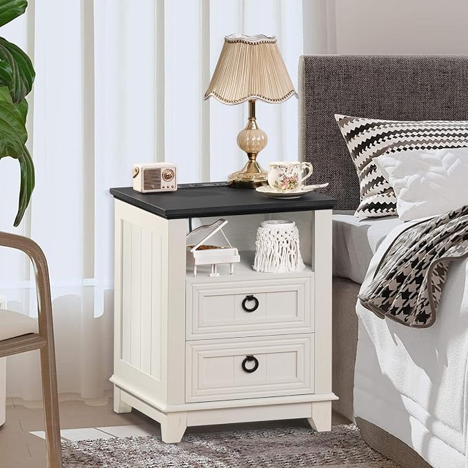 Joaxswe 18" Farmhouse Night Stand with Charging Station, 2 Drawers End Table Dresser for Bedroom, White Wooden Nightstand, Bed Side Table with Open Shelf, Bedside Cabinet for Living Room, Closet