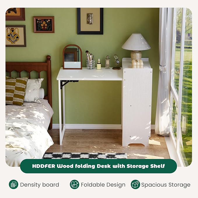 HDDFER Folding Desk with Built-in Outlet,for Small Spaces,Hidden Desk with Storage Shelf, Foldable Computer Desk for Bedroom Home Office, Mid Century Modern Fold Out Table Writing Table, White
