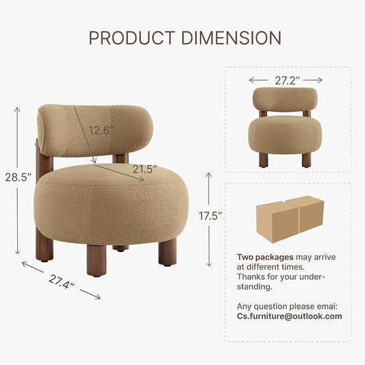Modern Boucle Accent Chair Set of 2, with Plush Faux Sherpa Upholstery, Curved Backrest, Solid Wood Legs for Living Room Bedroom Reading Nook, 27.5", Camel