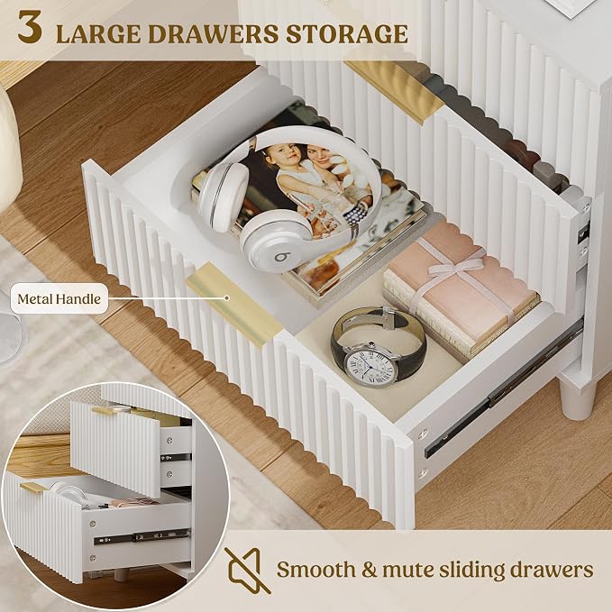 Lulive Modern Dressers and Nightstands Set 4-Piece, 6-Drawer Dresser + 2 Night Stands + 5 Drawers with Charging Station Modern Bedroom Sets Solid Wood Legs White
