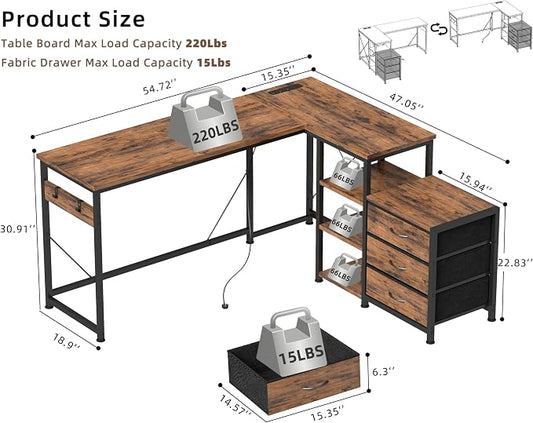 YOSHOOT 55" L Shaped Computer Desk with 3 Fabric Drawers, Gaming Desk | Office Desk with Power Outlets & Open Shelves, Corner Desk L Shape for Home Office Work Study, Rustic Brown