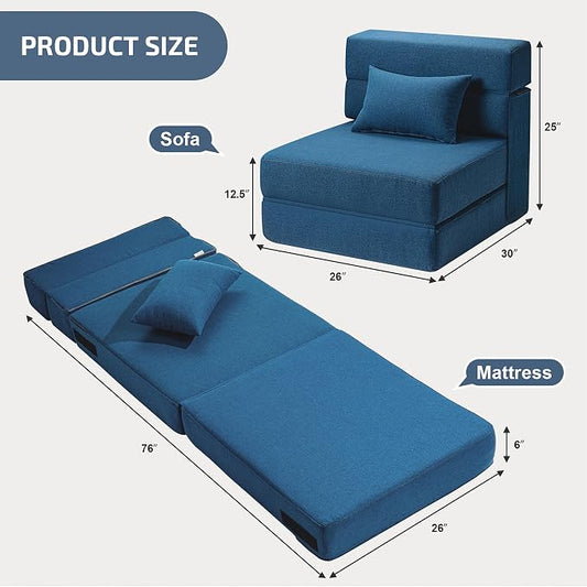 SUYOLS Folding Sofa Bed with Pillow- Convertible Chair Floor Couch & Sleeping Mattress, Foldable Memory Foam Sleeper for Living Room/Dorm/Loft, Single26 Width, Indigo