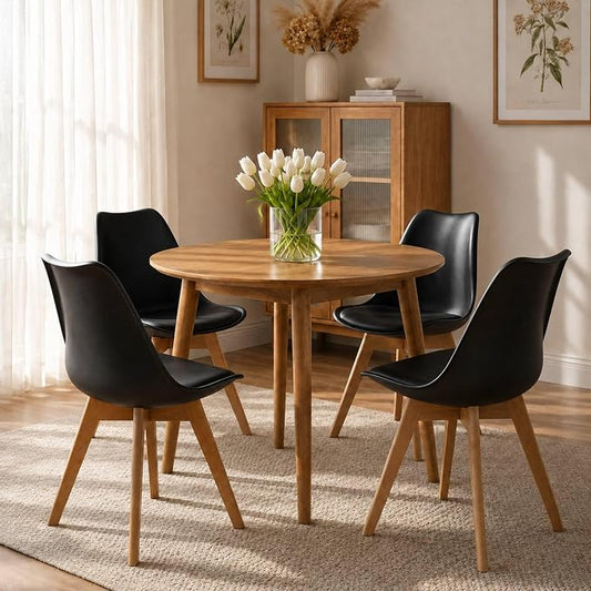 Dining Chairs Set of 4, Modern Upholstered Dining Room Chairs with PU Leather Padded Seat, Armless Kitchen Chairs with Curved Backrest and Solid Wood Legs for Dining Room, Kitchen, Apartment, Black