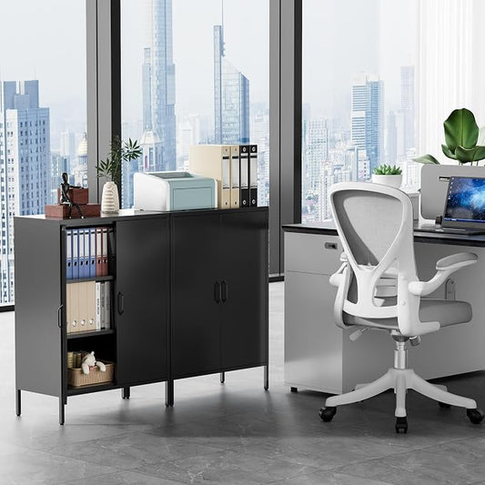 Metal Locker Storage Cabinet, Accent Sideboard Cabinet with Adjustable Shelves for Home Office, Garage, Kitchen, Living Room (Black, 40" H-Metal Doors)