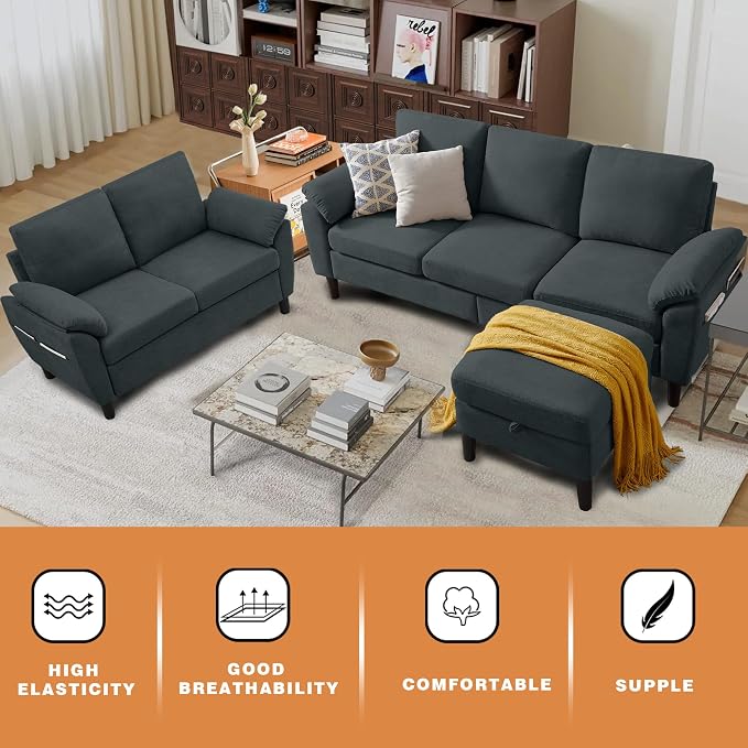 80" Convertible Sectional Sofa Set, Modern Linen Small L Shaped Couch with Reversible Chaise and Loveseat Sofa, 3-Seat Sofa Couches for Living Room, Office, Apartment, Dark Grey