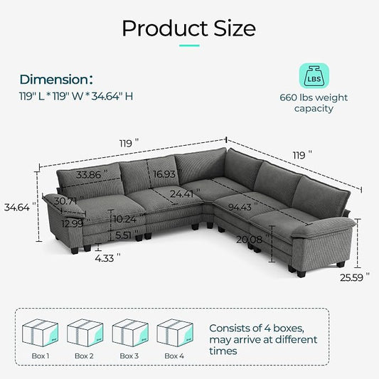 LINSY HOME Modular Sectional Sofa 5 Seat Couch Corduroy Cloud Couch with Deep Seat, Modern V-Shaped Cloud Couch for Living Room, Office, Bedroom, Grey
