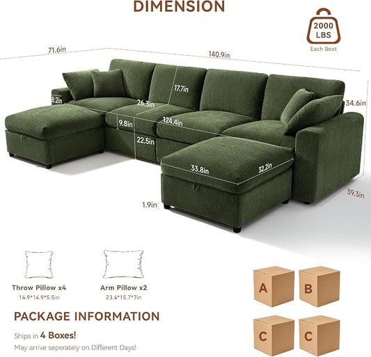 Ihanherry 141" Oversized Cloud Sectional Couches for Living Room, Modular Sectional Sofa with Wide Deep Seat, U Shaped Couch with Throw Pillow and Storage Ottoman, Green