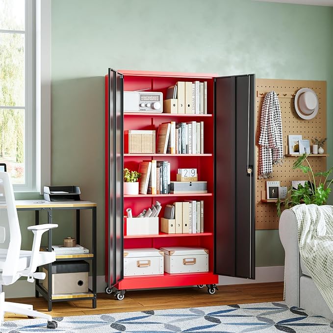 Letaya Metal Garage Storage Cabinets with Lock Door and Adjustable Shelves, Steel Tool Cabinets for Home,Office,Warehouse Organisieren (Black Red, 75" H)
