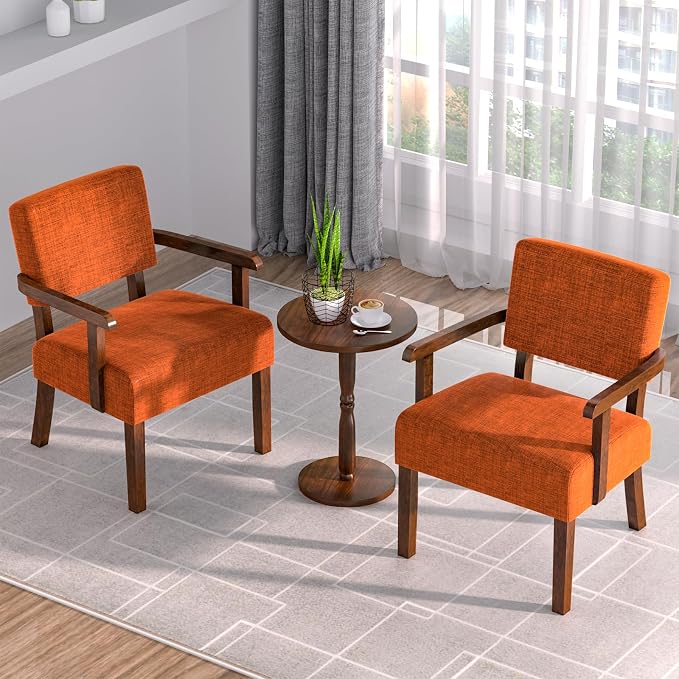 FAGAGA Accent Chair Set of 2 with Table, Upholstered Living Room Chairs with Wood Frame, Modern Oversized Reading Armchair for Bedroom Waiting Room (Orange)