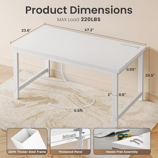 Huuger 48 x 24 inch Desk with Power Outlets & USB-C, Deeper & Thicker Desktop, Robust Metal Tubes, Computer Desk, Heavy Duty Office Desk, Work Gaming Desk for Home Office, White