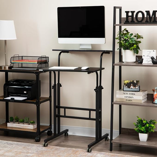 Mind Reader Standing Desk, Adjustable Height Laptop Workstation, Portable Rolling Desk on Wheels, Two-Tier Metal Frame, Black