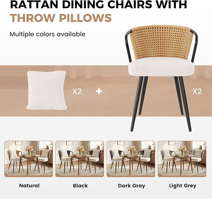 Rattan Dining Chairs Set of 2, Upholstered Kitchen Chair with Metal Legs, Ergonomic Curved Backrest, Mid Century Modern Living Room Chairs with Throw Pillow, Natural