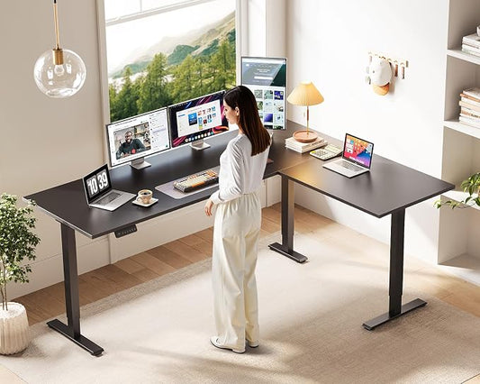 Casaottima 71 Inch Reversible Electric L Shaped Standing Desk, Height Adjustable Corner Stand up Desk, Ergonomic Large Lift Table for Home, Office, Workstation, Reception Room, Black