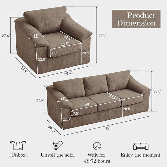 Boneless Couch Sets, Modern 3 Seater Sofa with Accent Chair, Floor Cloud Couch Sets with Extra Comfy Soft Deep Seats for Living Room, Apartment, No Assemby, Set of 2, Brown