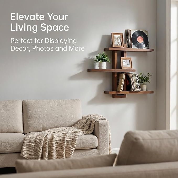 yaqew Variable Floating Shelves Wood Set of 3, Cube Wall Mounted Shelves 28.35" Max, Wall Shelves for Living Room Bathroom Bedroom Farmhouse - Light Walnut Color - 28.35" x 23" x 4.3" Max