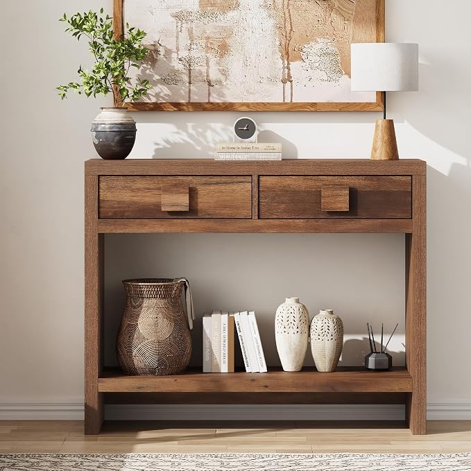 ONBRILL Console Table with Drawers, 40 Inch Narrow Entryway Table with Open Storage Shelves, Mid Century Modern Hallway Accent Tables Behind Couch Table for Living Room (Vintage Brown)