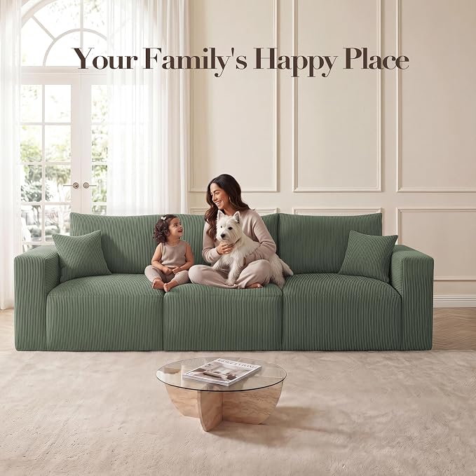 Modular Sectional Sofa, 115" Memory Foam Cloud 3-Seater Boneless Couch, Cozy Upholstered Corduroy Frameless Sofa, No Assembly Required Extra Wide Seating for Living Room & Apartment, Green