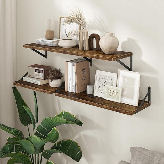 Axeman Deep Floating Shelves - 20 Inch Floating Shelves Set of 2-12 Inch Deep Brown Wood Wall Shelves for Living Room Bathroom Kitchen