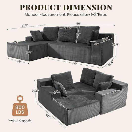 GRUSIGN Cloud Sectional Boneless Couches for Living Room, Modular L Shaped Couch with Deep Seat Oversized Left Facing Chaise, Memory Foam Compressed Spineless 3 Seater Sofa for Apartment, Grey