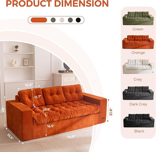 MAXYOYO 3-Seater Boneless Sofa Couch, Tufted Sofa Lounge for Living Room, Comfy Bean Bag Chair High-Density Foam Couch with Pillows, No Assembly Required
