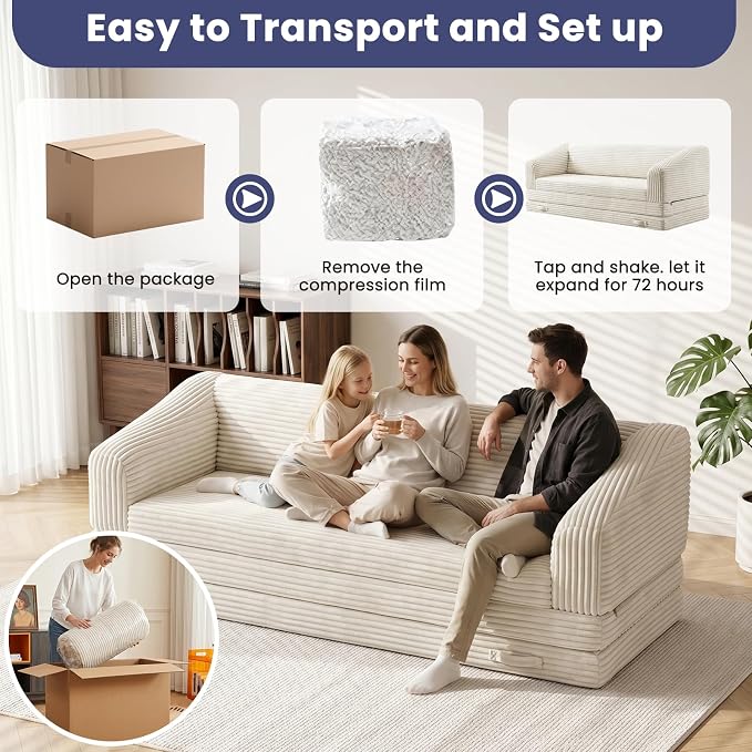 JUIKURY Convertible Sofa Bed, 3-in-1 Foldable Loveseat Couch with Armrest, Corduroy Floor Sofa & Sleeper Bed, No Assembly High-Density Foam Futon Mattress for Living Room, Small Apartment, Dorm