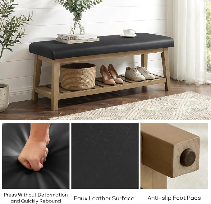 Entryway Bench with Cushion, Upholstered Shoe Rack Bench with Solid Wood Shelf, 44" End of Bed Bench for Bedroom, Chenille Fabric Storage Bench for Entryway, Hallway, Living Room (PU-Black)