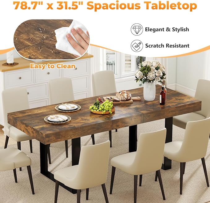 Zevemomo 63"-78.7" Rectangular Extendable Dining Table, 6-8 Extendable Dining Table, Conference Table, Kitchen Table with Slide Track, Tapered U-Shaped Wood Legs for Office, Living Room-Rustic Brown