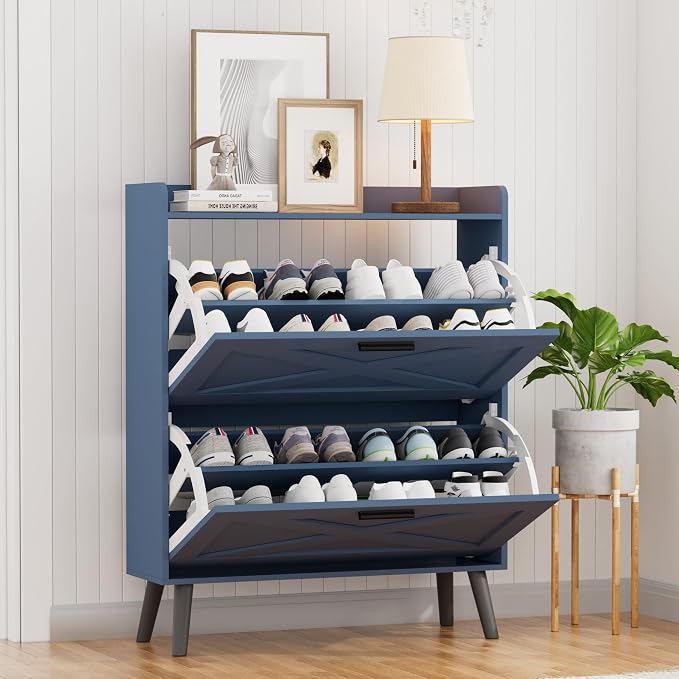 Homleke Farmhouse Shoe Storage Cabinet with Flip Drawers & Barn Door Design | Slim Narrow Shoe Rack Cabinet with Adjustable Shelves & Hidden Storage for Entryway, Foyer, Hallway, Living Room, Blue