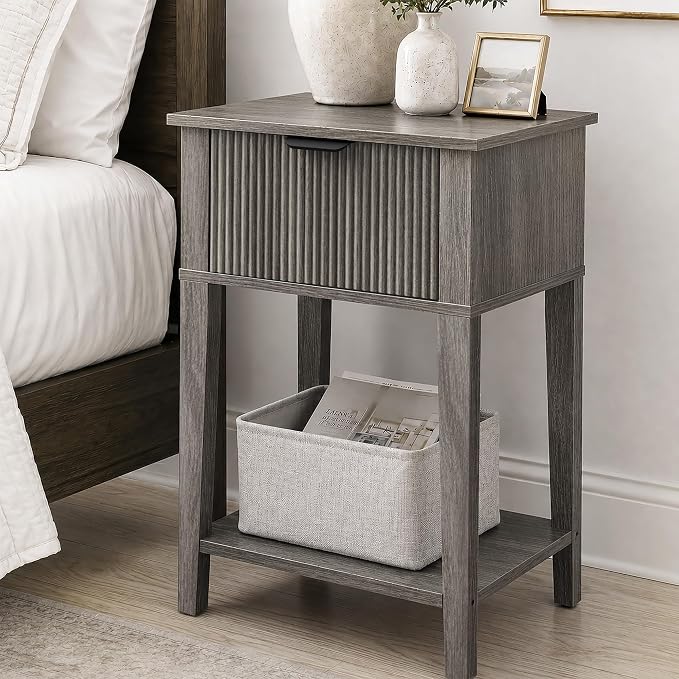 Weathered Gray 15" Wide Small Nightstand, Drawer, Open Shelf, Fluted | Weathered gray tone, ribbed fluted front, 11.8-inch slim depth, concealed storage, cool fit for sofa side or chair side
