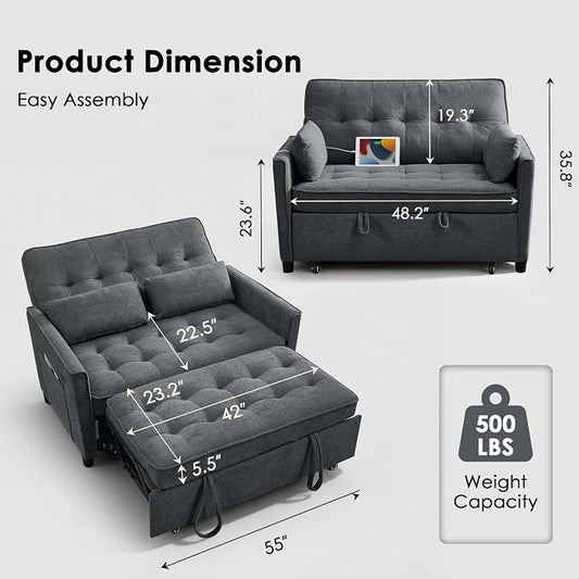 3 in 1 Convertible Sofa Bed, Pull Out Couch with Side Pocket, Sleeper Sofa with Adjustable Backrest | USB Charging Port | Two Pillows | Fabric | Charcoal Grey