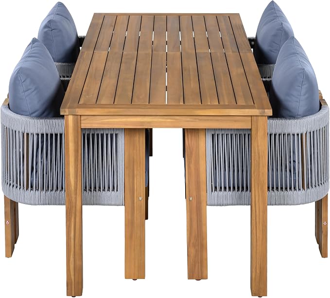 Quarte Luxury 4-Person Outdoor Dining Set: Solid Acacia Wood Table with Rope-Woven Chairs & Comfy Cushions for Patio, Garden, Poolside or Deck (Brown,Gray-R)