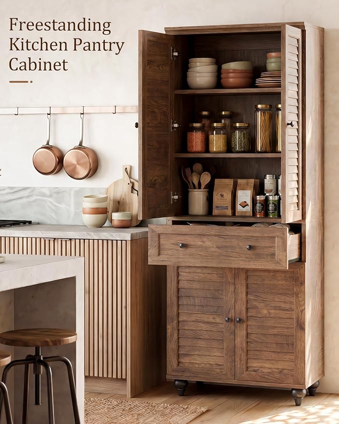 80" Tall Storage Cabinet with Louvered Doors and Adjustable Shelves, Farmhouse Kitchen Pantry Cabinet, Freestanding Storage for Dining Room, Living Room, Home Office, Bathroom, Cracked Oak